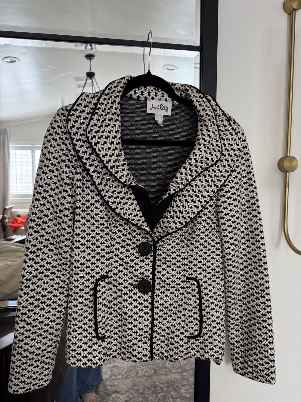 Joseph Ribkoff Black & Cream Patterned Bendable Shawl Collar Blazer